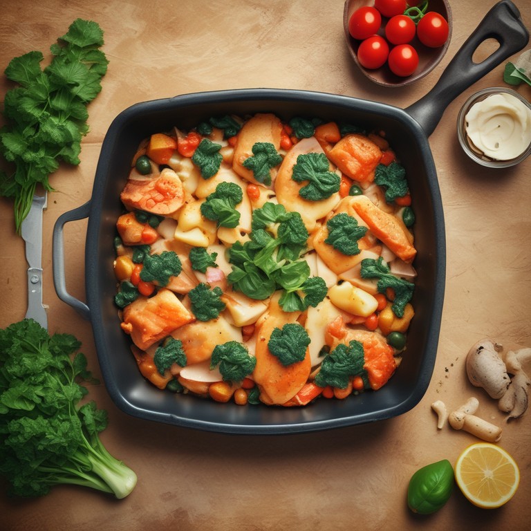 Картофельно-шпинатная запеканка с курицей или лососем на плите