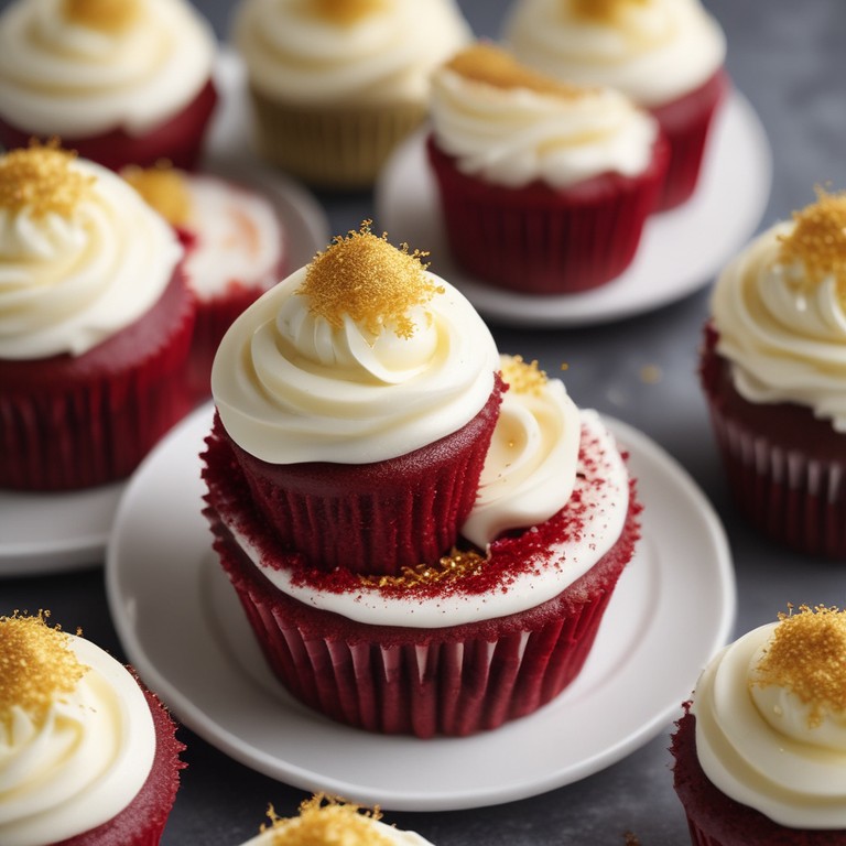 Red Velvet Cupcakes with Cream Cheese Frosting and Gold Sugar Topping