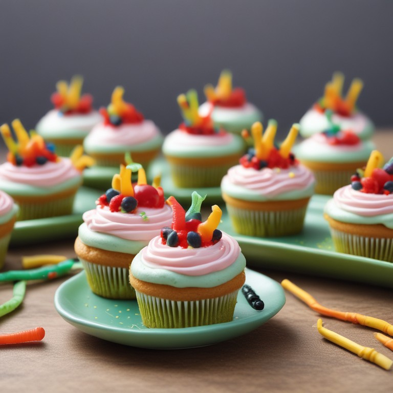 Banana Cupcakes with Strawberry Jam Filling and Green Frosting Topped with Gummy Worms