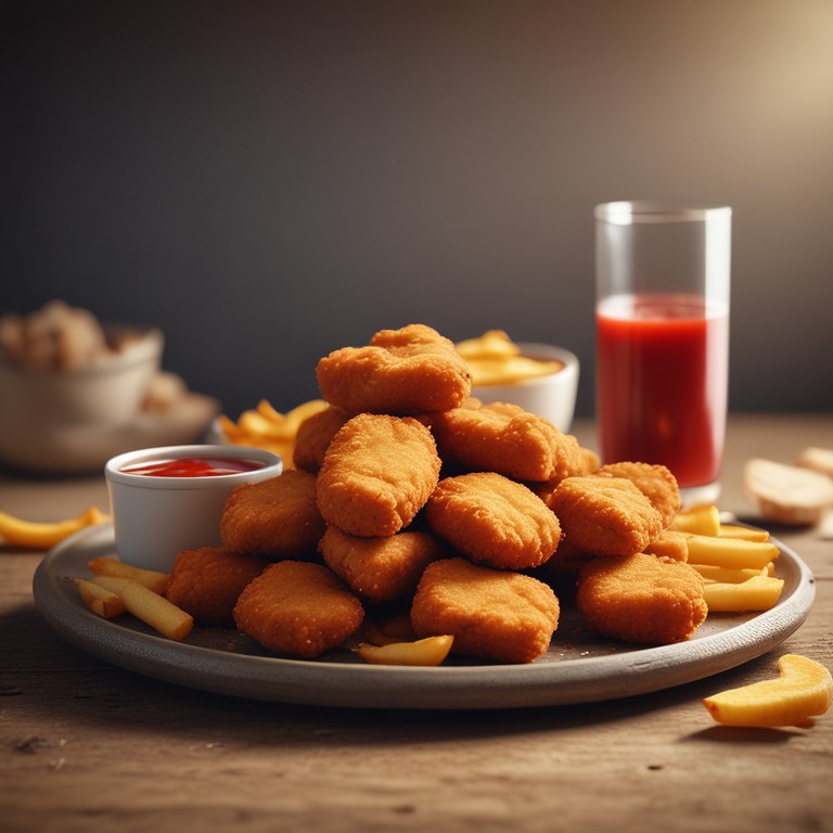 Knusprige Hähnchennuggets mit Pommes und Fleisch