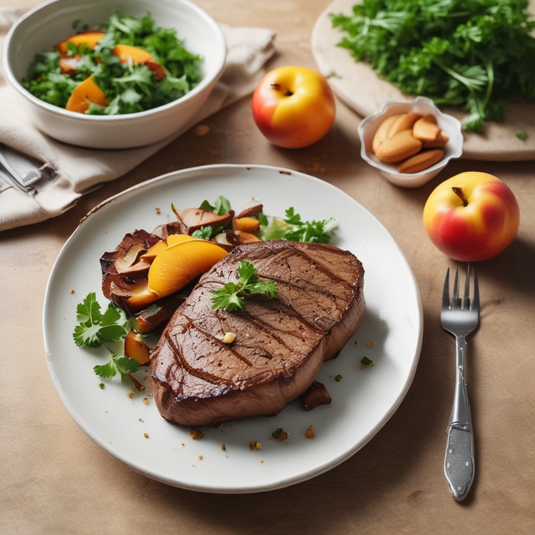 Gebratene Steak mit Mandeln und Pfirsich