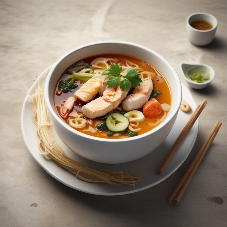 Asiatische Fischsuppe mit Nudeln und Gemüse