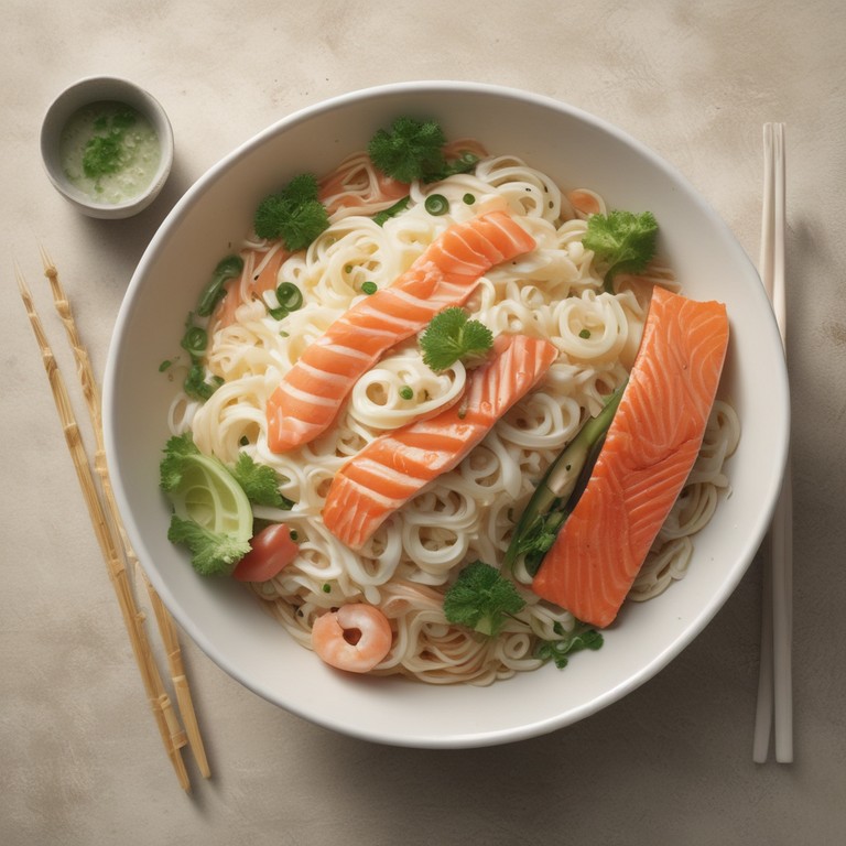 Fideos de Arroz con Salmón y Camarones