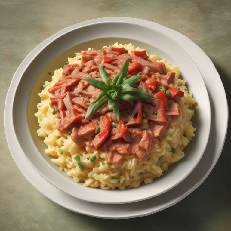 Thunfisch-Reis-Risotto mit Tomatenmark, Mayonnaise und Brechbohnen