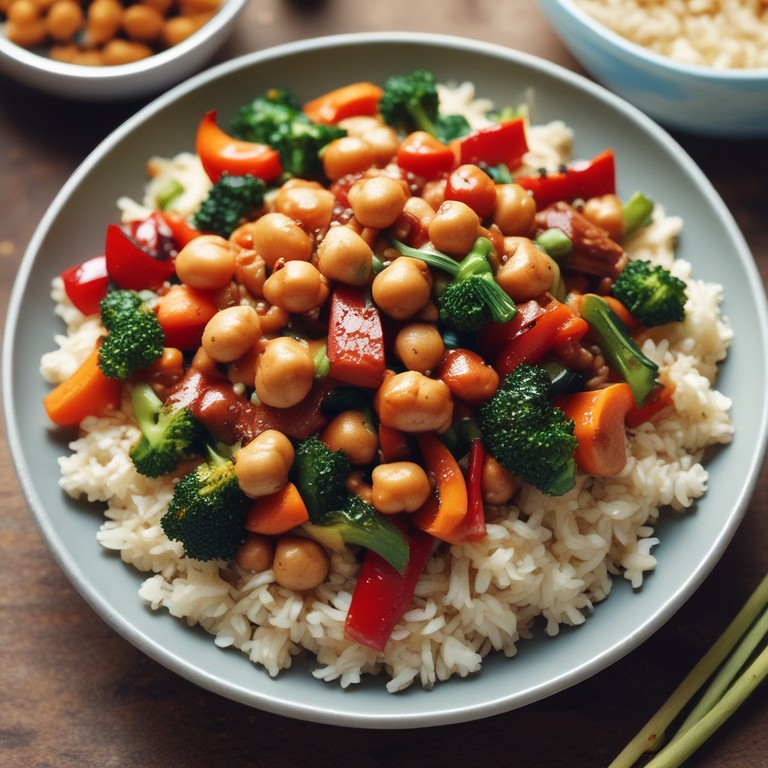 Asiatisches Gemüsepfanne mit Kichererbsen und Reis