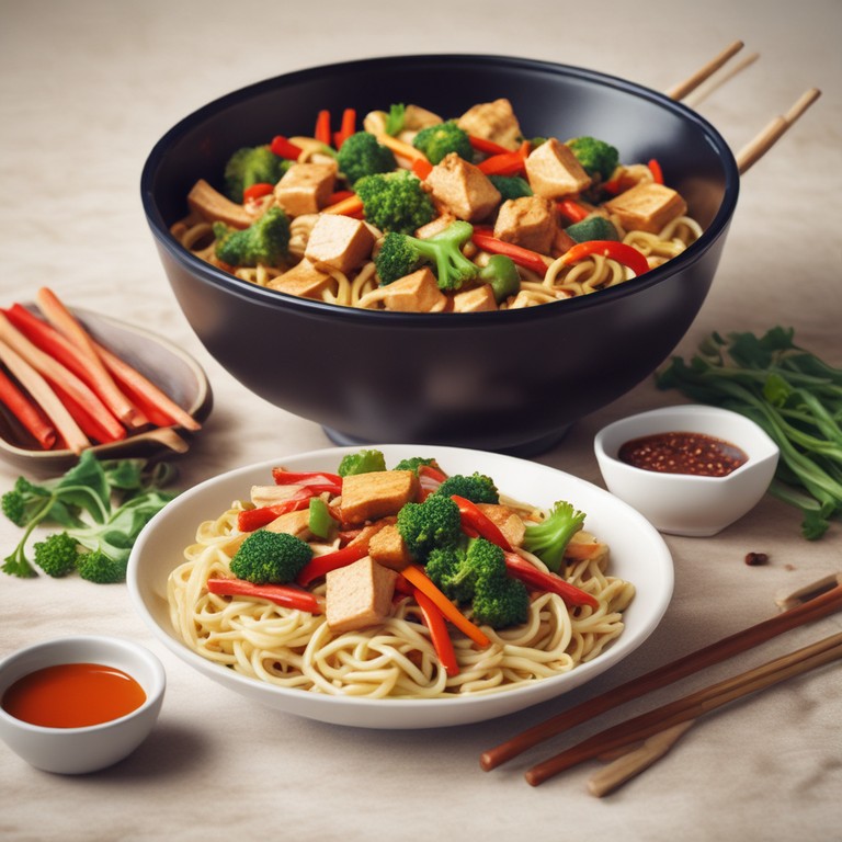 Asiatische Nudelpfanne mit Gemüse und Tofu