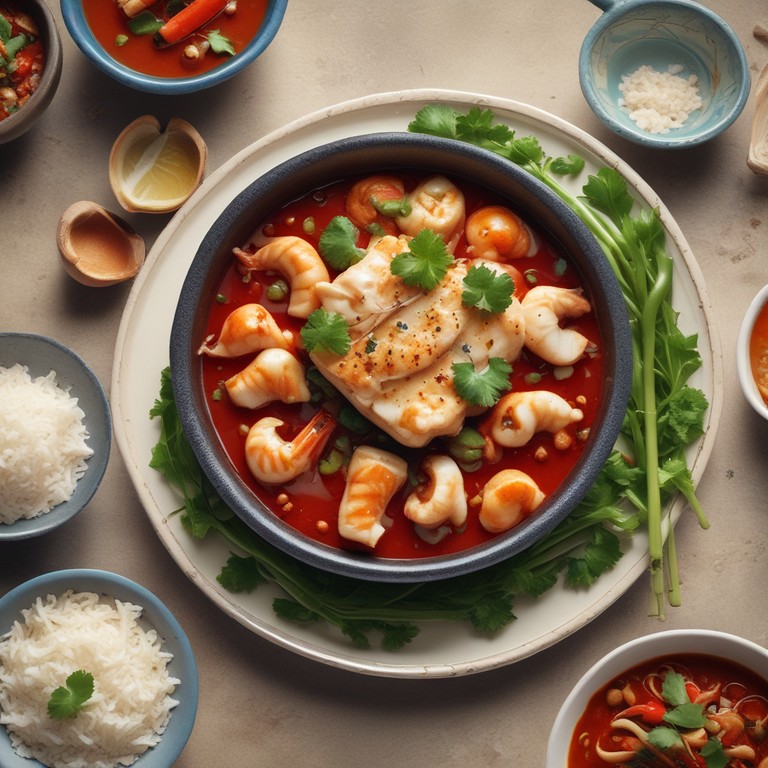 Asiatisches Fischgericht mit Scampi, Reis und Gemüse