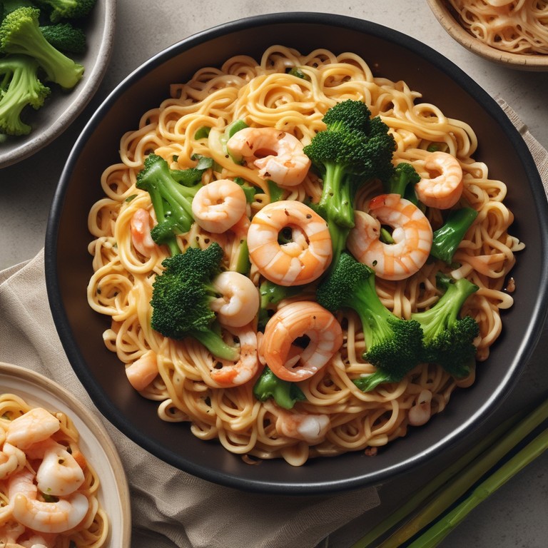 Asiatische Nudeln mit Garnelen und Brokkoli