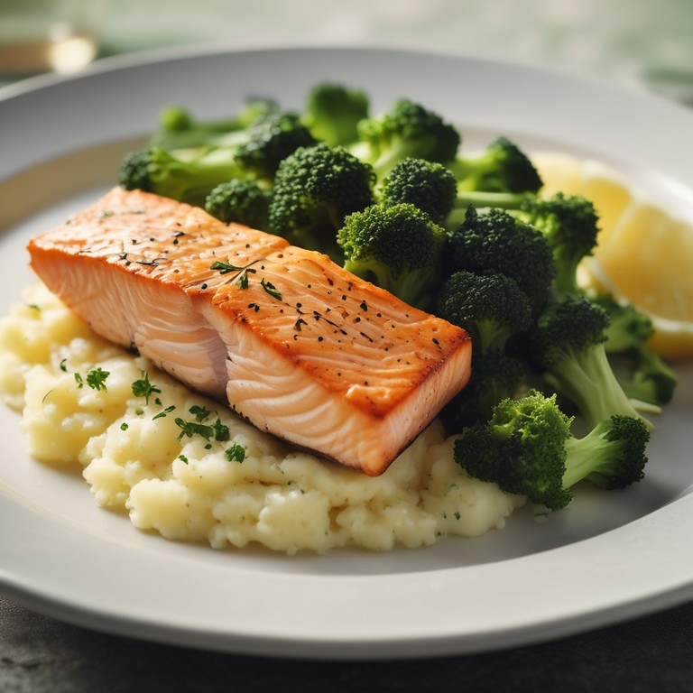 Gebratener Lachs mit Brokkoli und Kartoffelpüree
