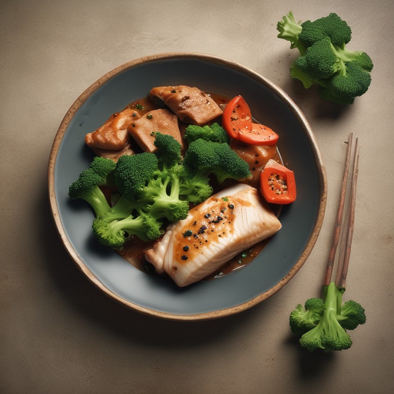 Asiatisches Fisch- und Fleischgericht mit Brokkoli