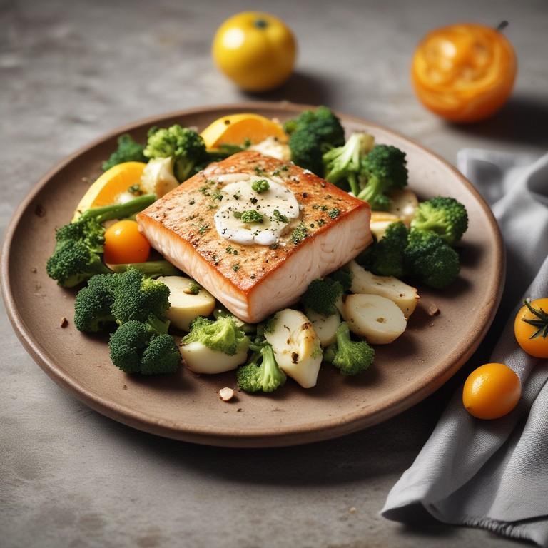 Gebackener Fisch mit Feta, Aprikose, Kartoffel und Brokkoli