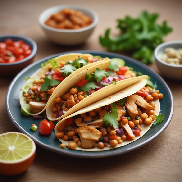 Tacos de Pollo con Salsa de Garbanzos y Ensalada de Lentejas