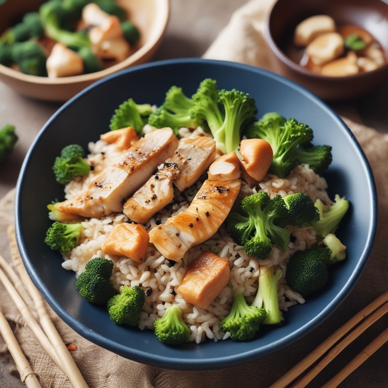 Asiatisches Fisch-Brokkoli-Pilz-Reis-Gericht