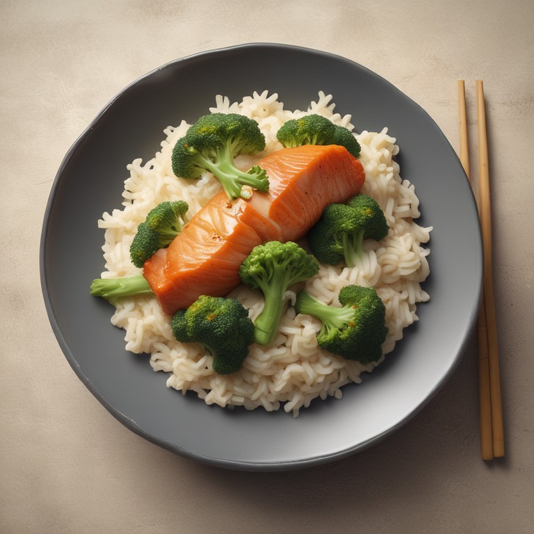 Asiatisches Reisgericht mit Soße und Fisch