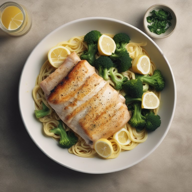 Zitronen-Fisch mit Brokkoli und Nudeln in Sahnesoße