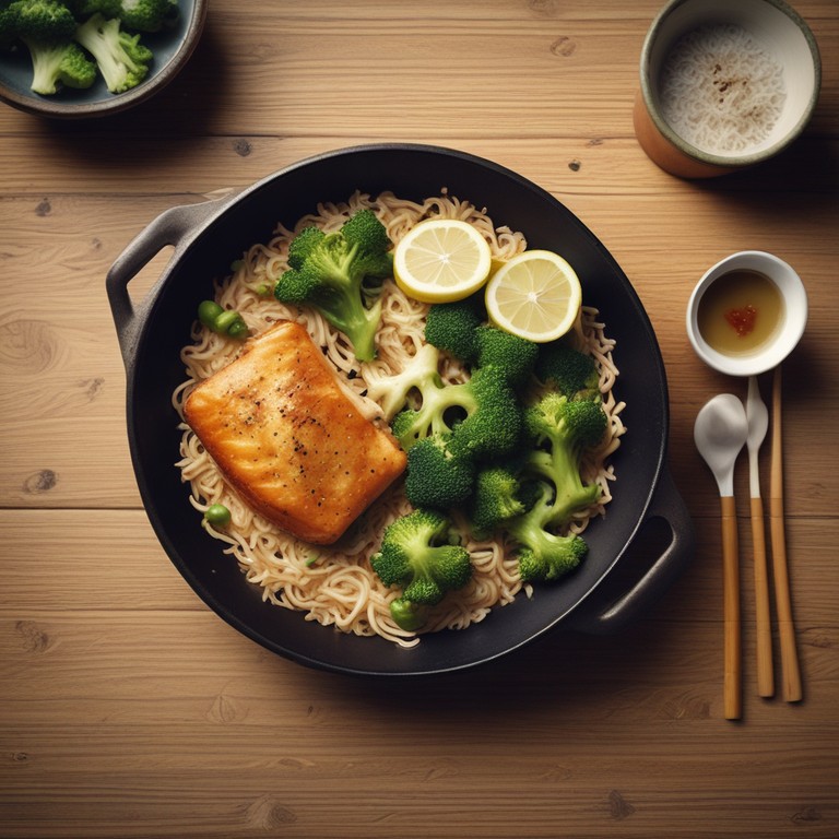 Gebratener Fisch mit Sojasprossen, Reis und Brokkoli