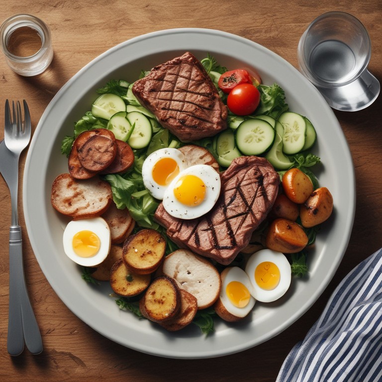 Gegrilltes Fleisch mit Kartoffeln, Salat, Gurken, Eiern und Käse