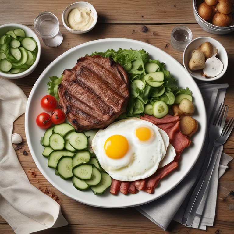 Gegrilltes Fleisch mit Kartoffeln, Salat und Eiersalat