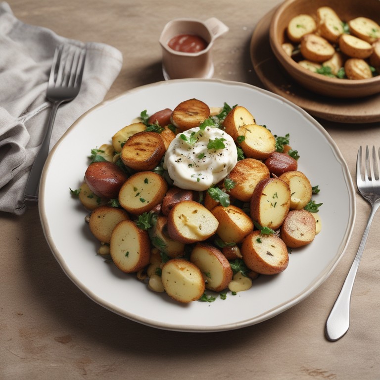 Gegrillter Kartoffelsalat mit Fleisch und Crème Fraîche