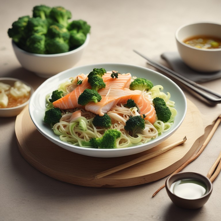 Glasnudeln mit Brokkoli und Lachs