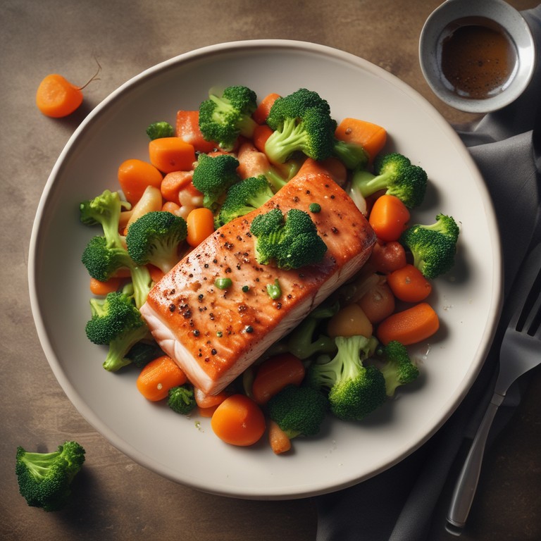 Süßsauer Lachs mit Brokkoli und Karotten