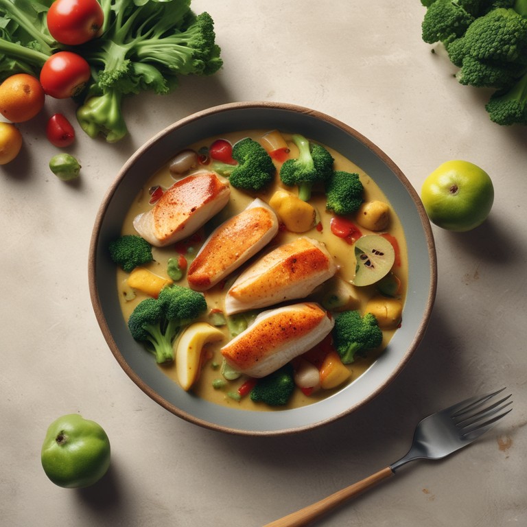 Asiatisches Fischcurry mit Brokkoli und exotischen Früchten
