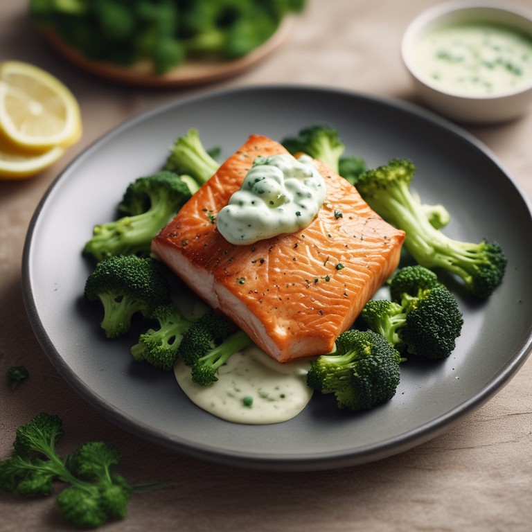 Gebratener Lachs mit cremiger Dillsoße und Brokkoli