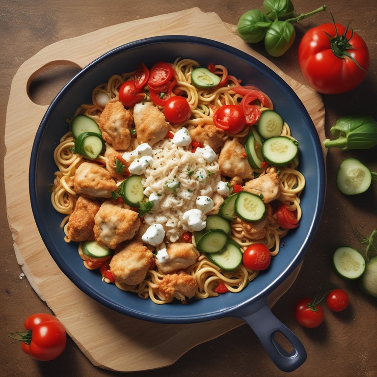 Gebratene Hähnchen-Nudeln mit Zucchini, Feta und Tomaten