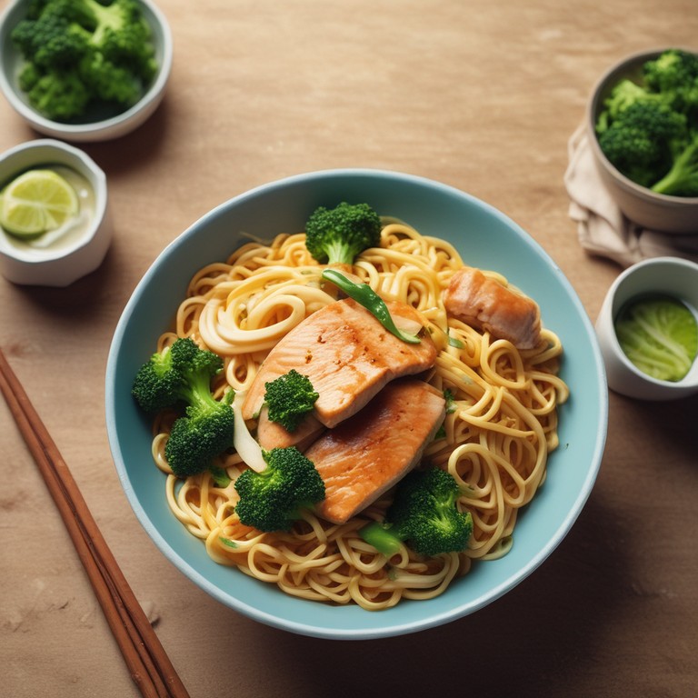 Asiatische Nudeln mit Fisch und Brokkoli
