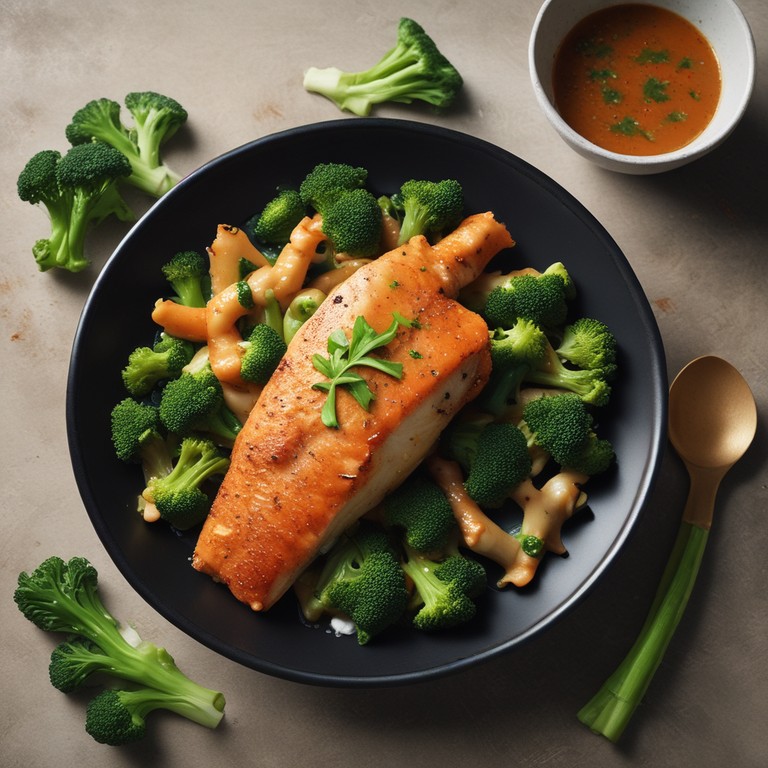 Gebratener Fisch mit Brokkoli in thailändischer Sauce
