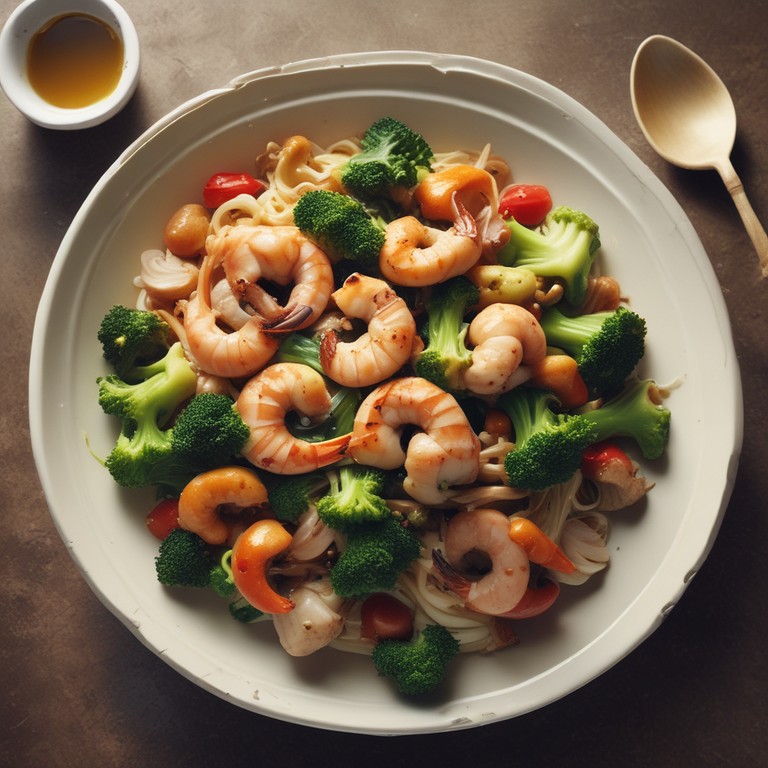 Asiatisches Meeresfrüchte-Gemüse mit Brokkoli und Sojasprossen