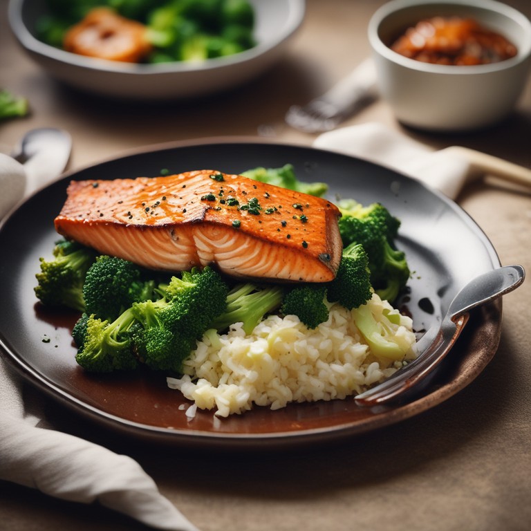 Gebratenes Lachsfilet mit Brokkoli und Reis