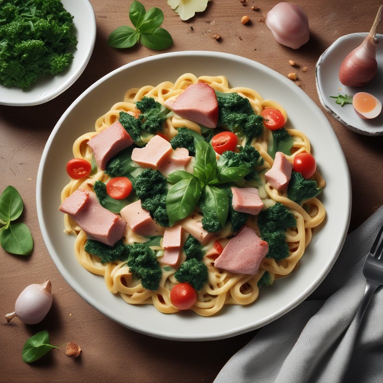 Cremige Spinat-Pasta mit Schinken und Gemüse