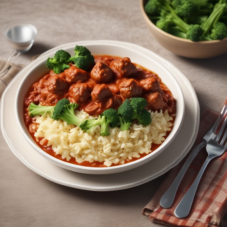 Bolognese mit Fleischbällchen, Brokkoli und Reis