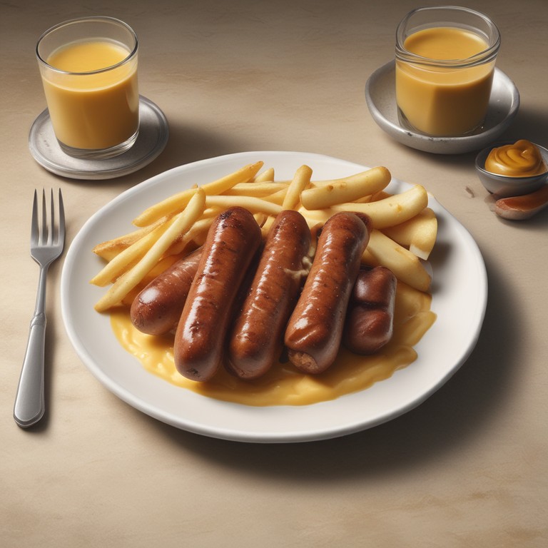 Bratwurst mit Pommes und Käsesauce
