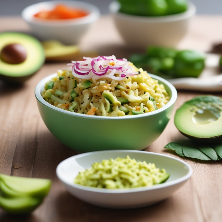 Avocado-Reis-Salat mit Zwiebeln