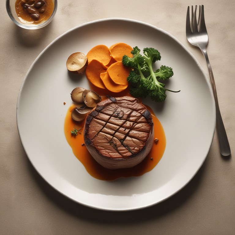 Филе миньон с пюре из батата и белыми грибами