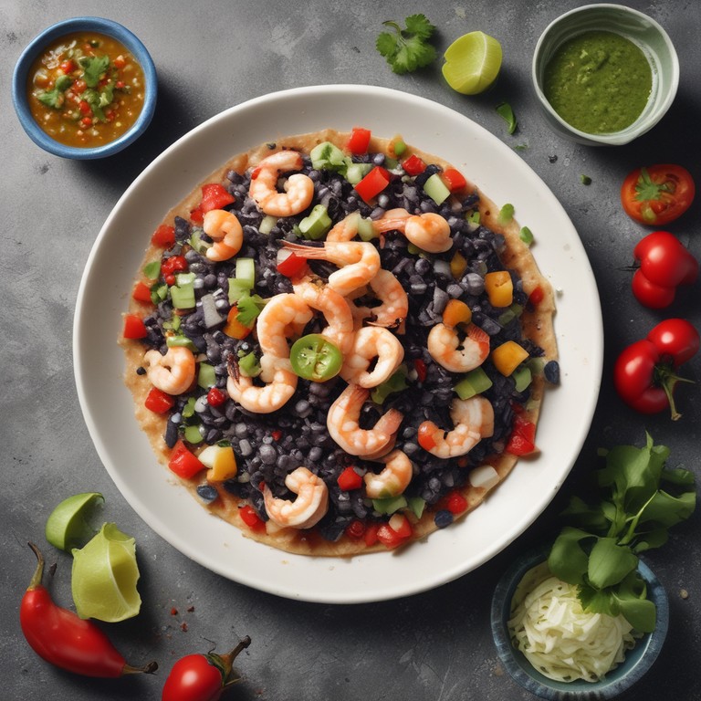 Blue Corn Tortilla with Shrimp, Fish, Green Habanero Salsa, Grated Cheese, Tomato, Red Chili, and Olive Oil