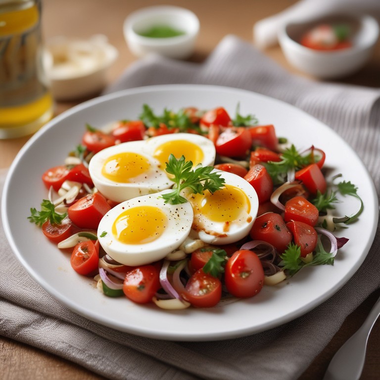 Soya Glazed Eggs with Tomato and Onion Salad