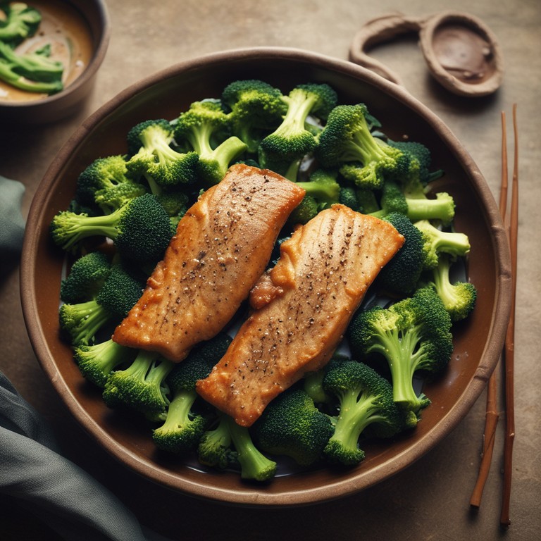 Gebratener Fisch mit Brokkoli in asiatischer Sauce