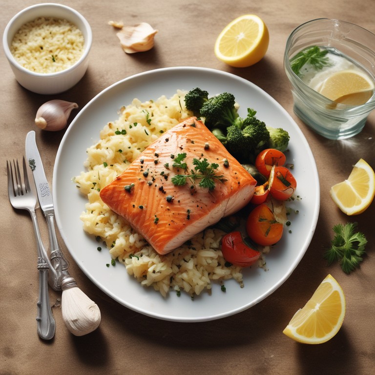Baked Salmon with Roasted Vegetables and Garlic Butter Rice