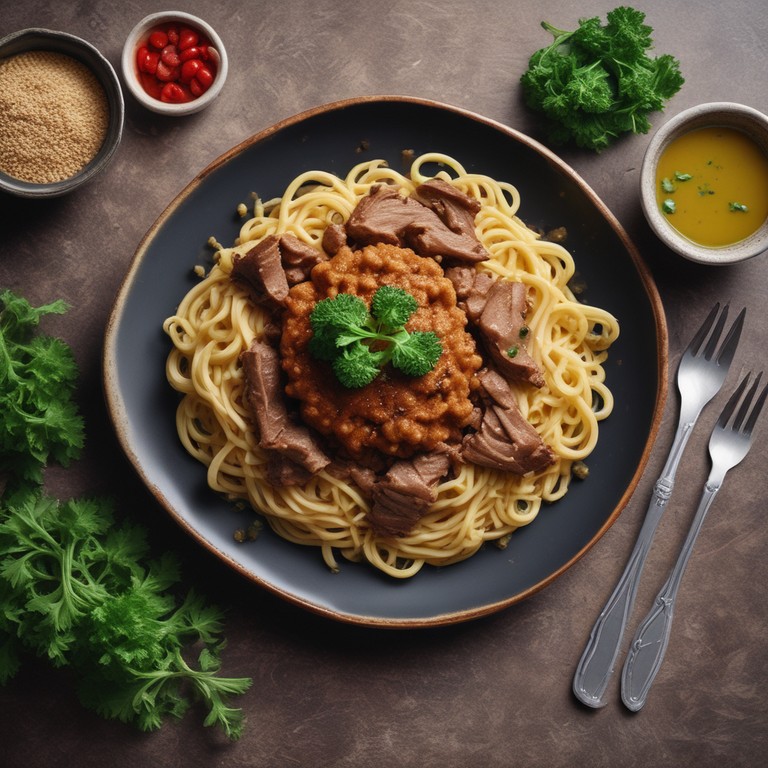 Veganes Rindfleisch mit Sojasprossen und Griechischen Nudeln