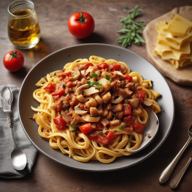 Savory Pasta with Caramelized Onions, Toasted Nuts, and Tomato Pepper Sauce