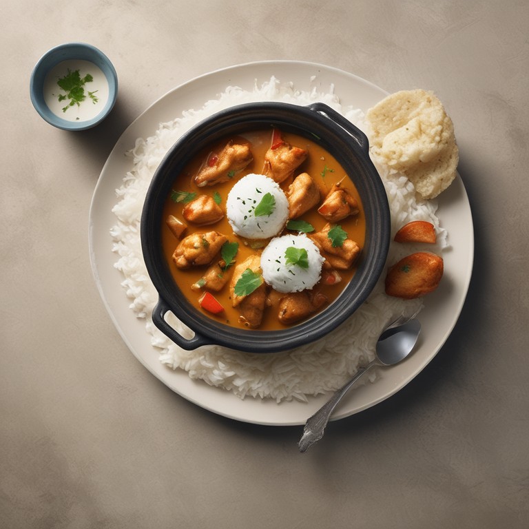 Hähnchen-Curry mit Reis und Creme Fraiche