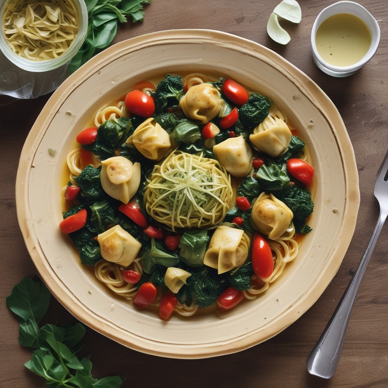 Pesto Pasta with Swiss Chard and Vegetable Dumplings