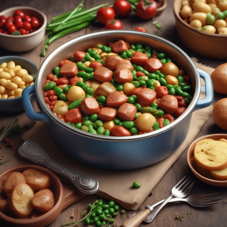 Herzhafte Bohnen-Erbsen-Kartoffel-Pfanne mit Fleischwurst