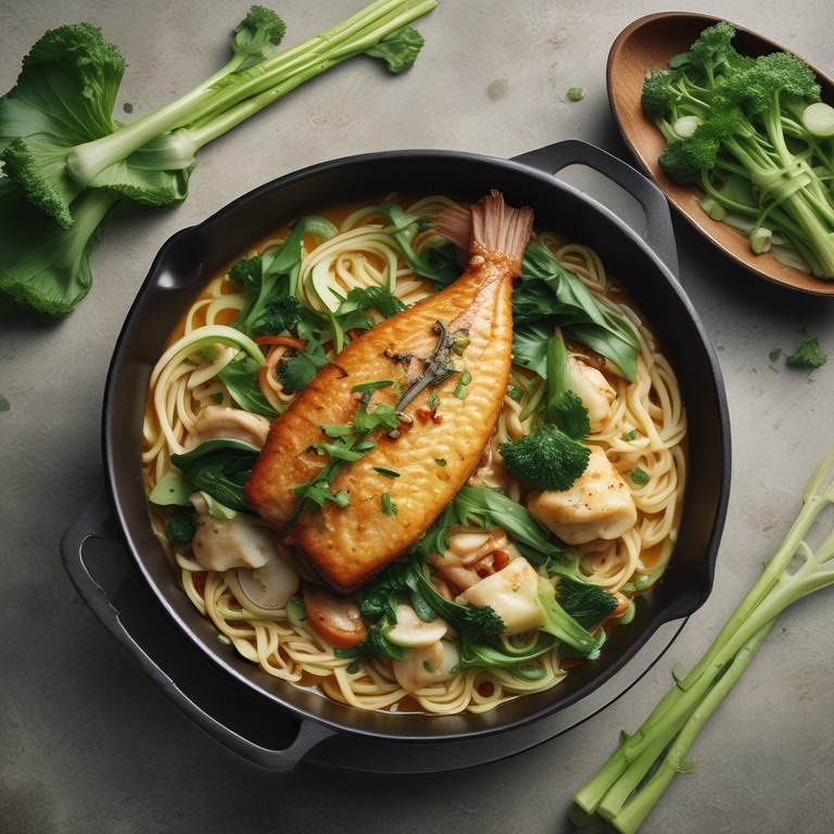 Gebratener Fisch mit Pak Choi und Nudeln