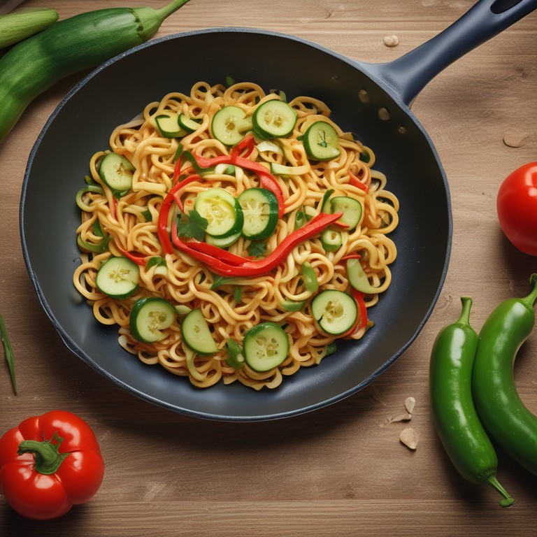 Gebratene Nudeln mit Zucchini und Paprika