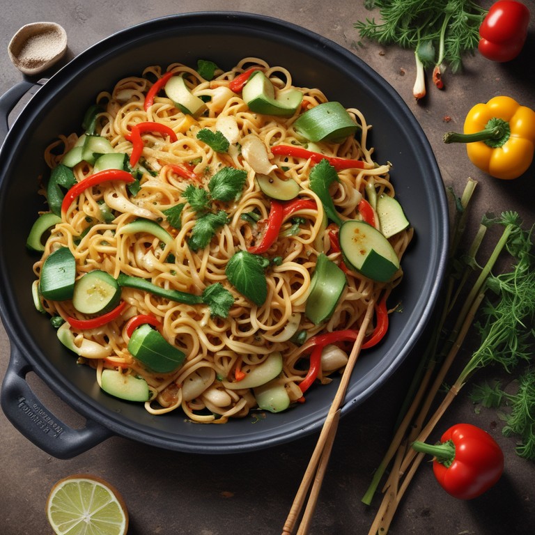 Gebratene Nudeln mit Zucchini und Paprika