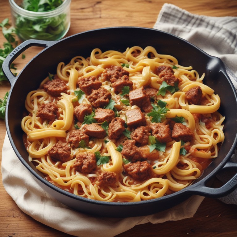 Hackfleisch-Nudeln mit Zwiebeln und Knoblauch